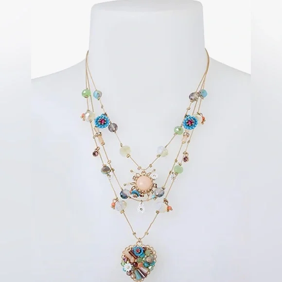 NWT Betsey Johnson Woven Mixed Multi-Colored Bead Flower Heart Illusion Necklace - Picture 2 of 4
